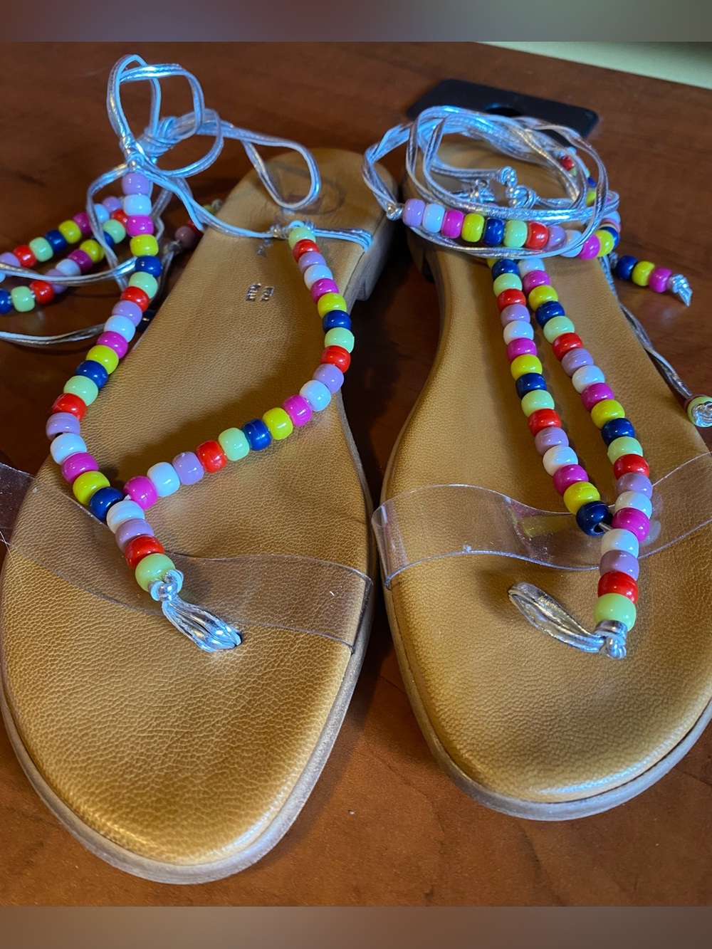 Browns Shoes Multicolor Beaded Ankle Wrap Tie-Up Sandals - Clear Straps. Sz9/39.